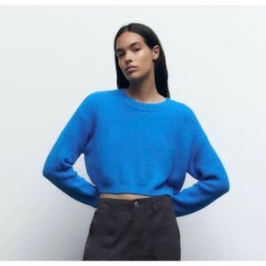 Blue Zara Cozy Soft Cropped Crew Round Neck Long Sleeve Pullover Sweater (NWT)